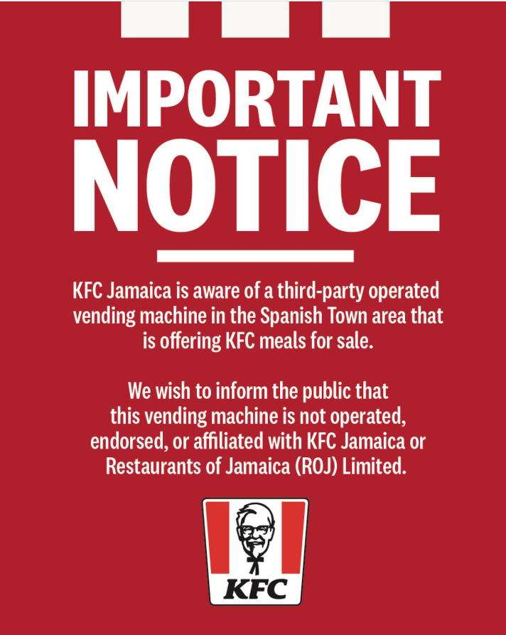 KFC Jamaica says third party vending machine not affiliated with company