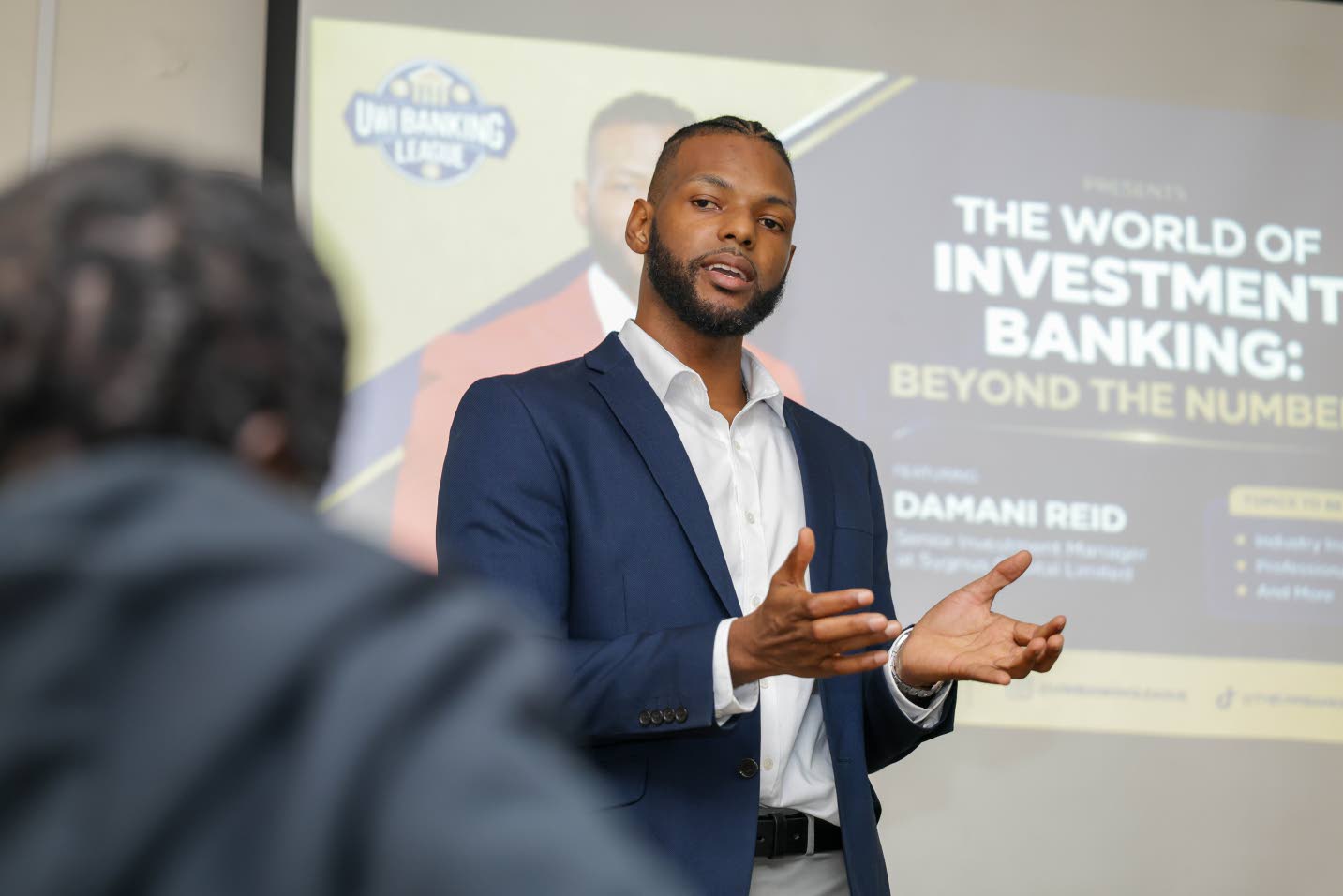 Damani Reid addresses members of The UWI Banking League, sharing practical guidance on career pathways in finance and the skills required to succeed in the evolving financial services industry..